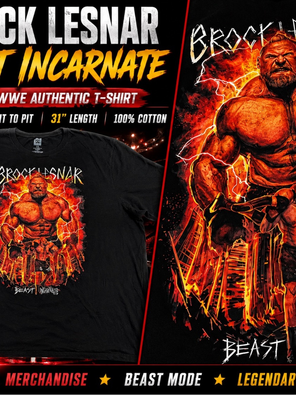 WWE Black T-Shirt with Fiery Orange and Red Brock Lesnar Graphic